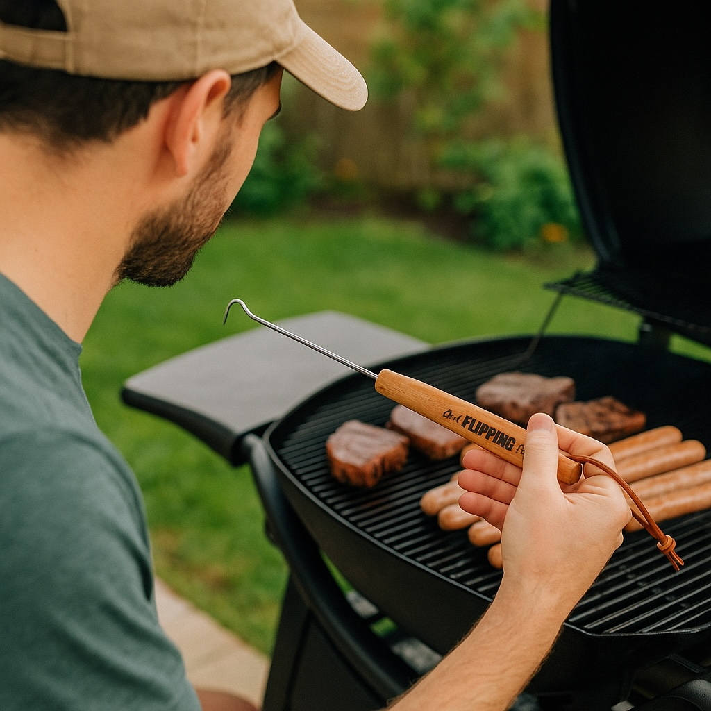 Personalized Pigtail Meat Flipper in Hand of man standing at a barbecue grill